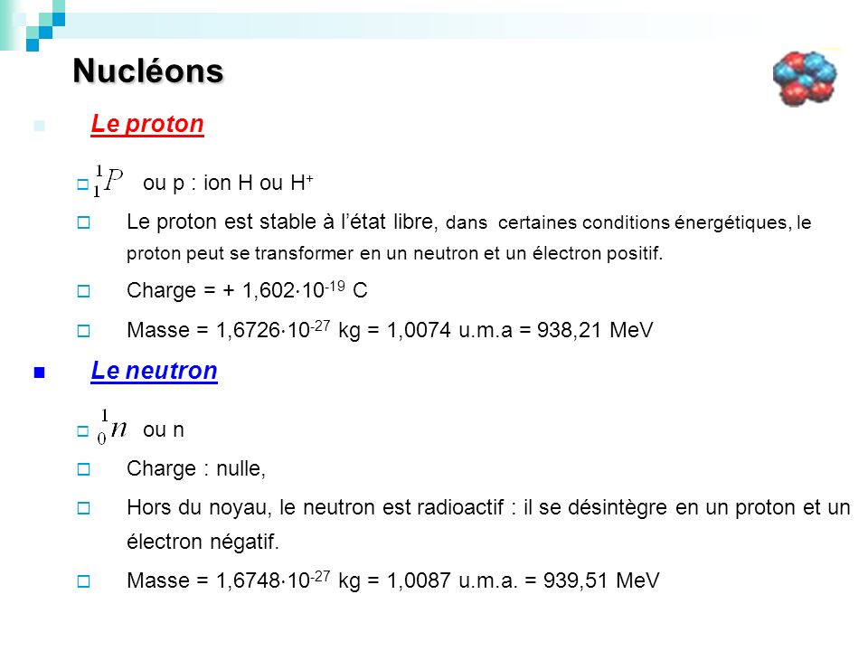 Nucléons Le proton Le neutron