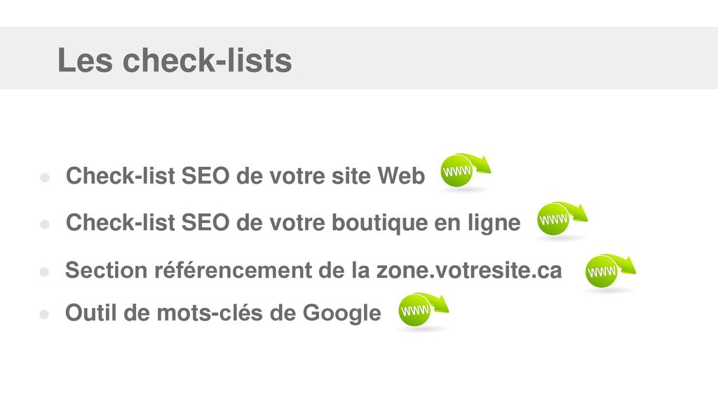 Les check-lists Check-list SEO de votre site Web