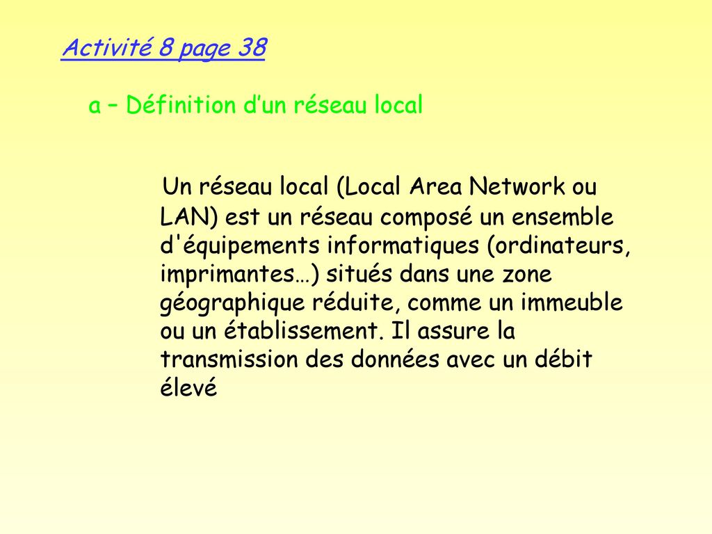 Activité 8 page 38 a – Définition d’un réseau local