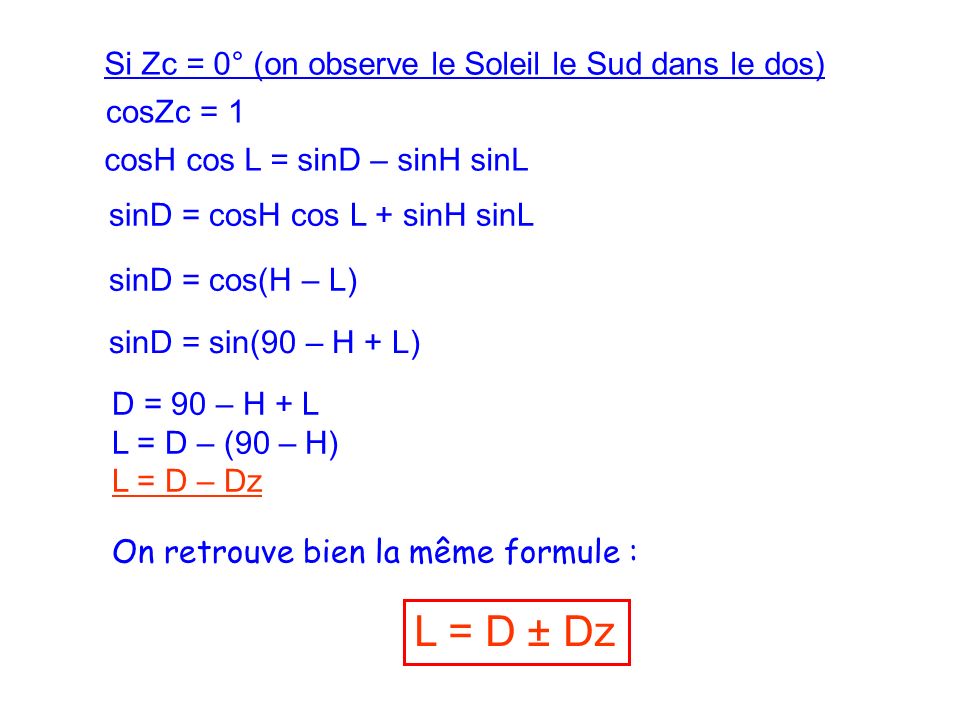 L = D ± Dz Si Zc = 0° (on observe le Soleil le Sud dans le dos)