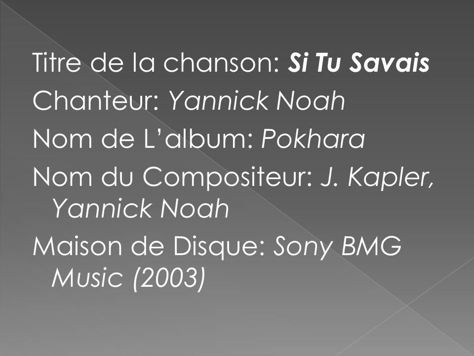 Titre de la chanson: Si Tu Savais Chanteur: Yannick Noah Nom de L’album: Pokhara Nom du Compositeur: J.