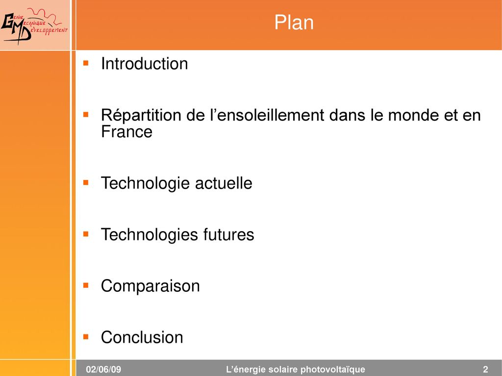 Plan Introduction. Répartition de l’ensoleillement dans le monde et en France. Technologie actuelle.