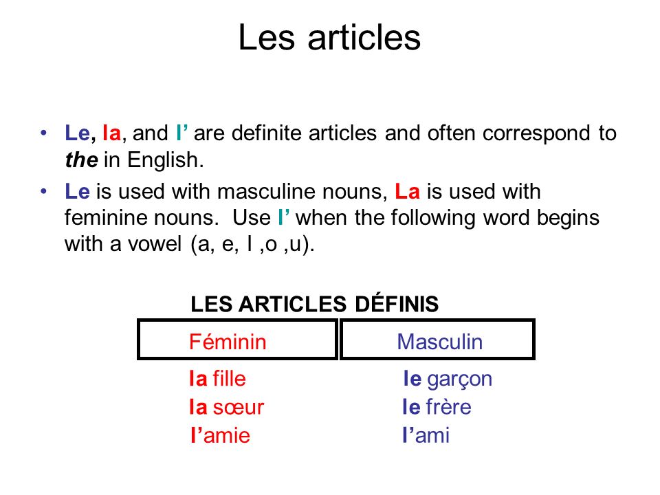 Les articles Le, la, and l’ are definite articles and often correspond to the in English.