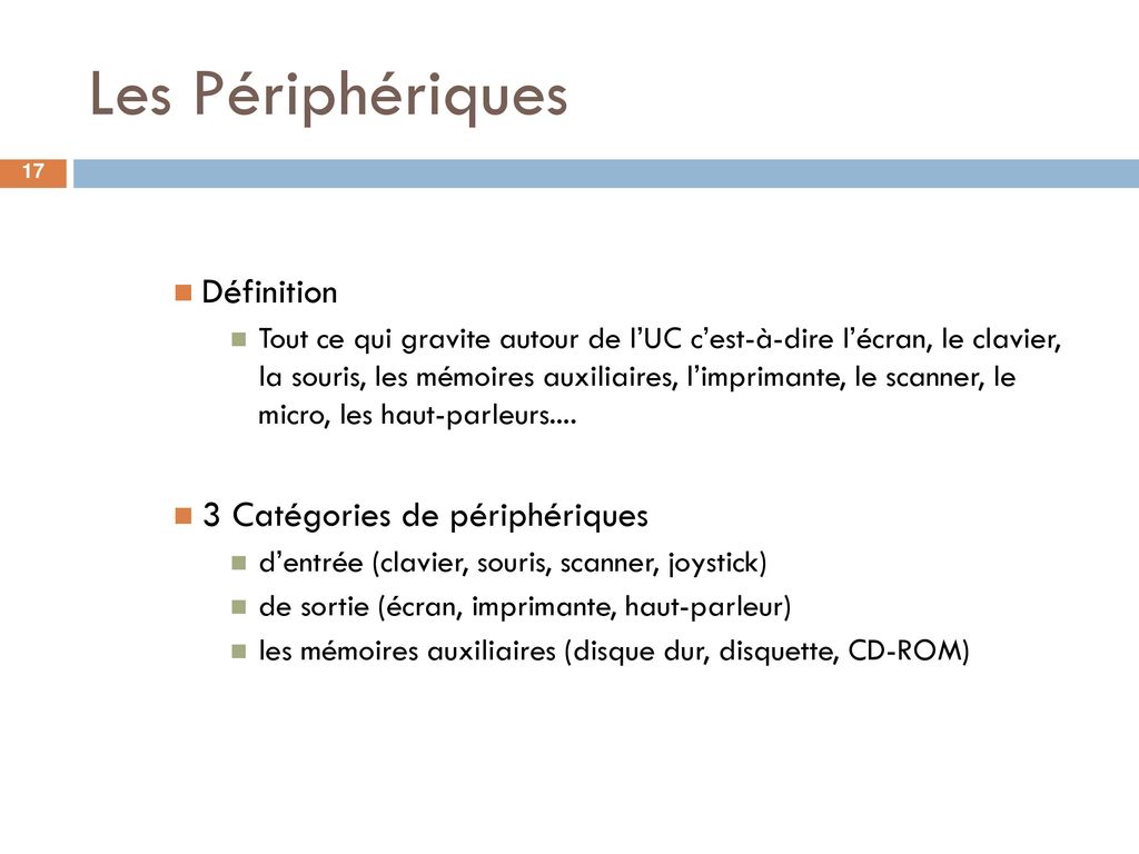 Les Périphériques Définition 3 Catégories de périphériques