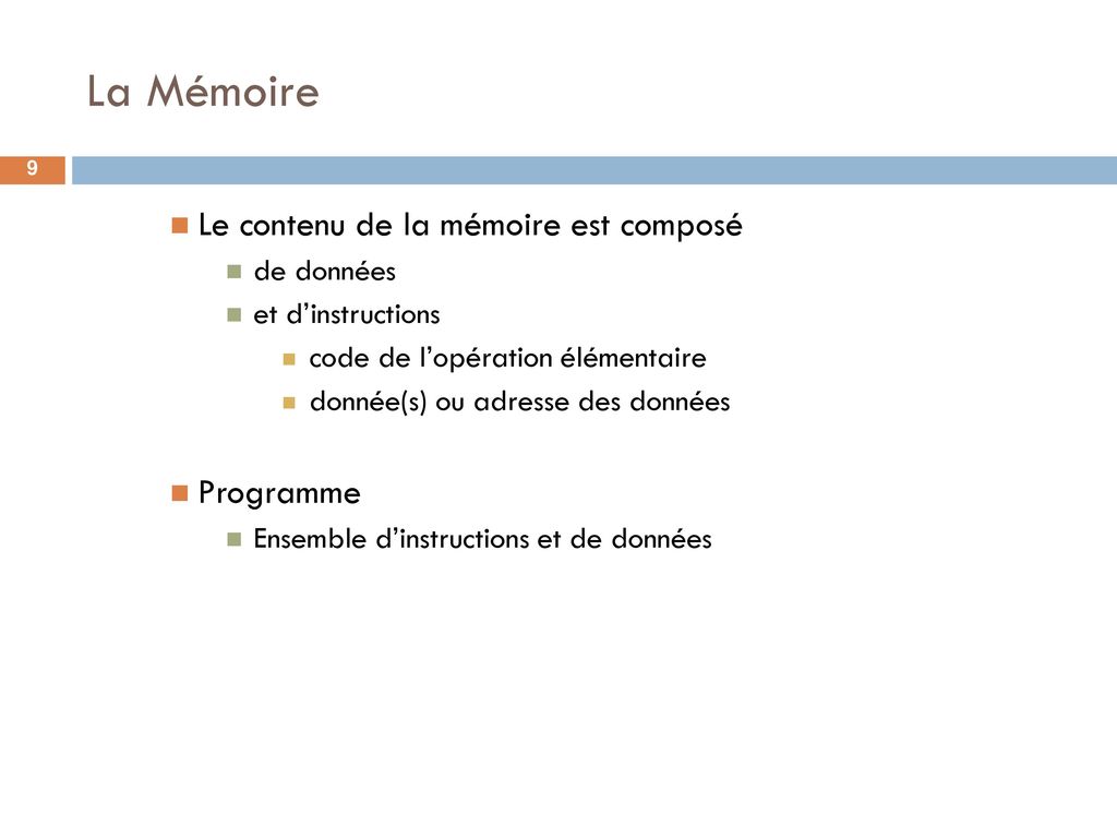 La Mémoire Le contenu de la mémoire est composé Programme de données