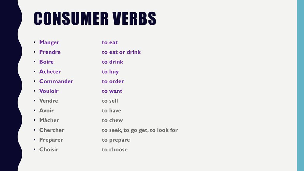 Consumer verbs Manger to eat Prendre to eat or drink Boire to drink