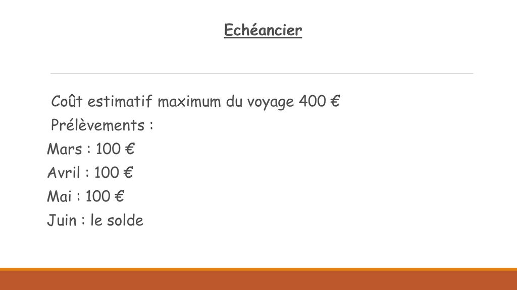 Echéancier Coût estimatif maximum du voyage 400 € Prélèvements : Mars : 100 € Avril : 100 € Mai : 100 €