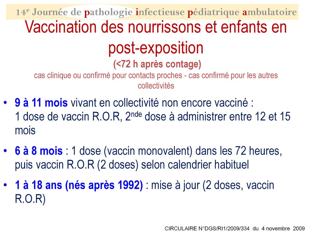Vaccination des nourrissons et enfants en post-exposition (<72 h après contage) cas clinique ou confirmé pour contacts proches - cas confirmé pour les autres collectivités