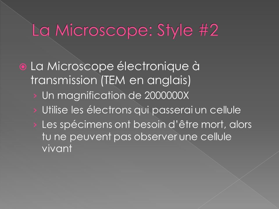 La Microscope: Style #2 La Microscope électronique à transmission (TEM en anglais) Un magnification de X.