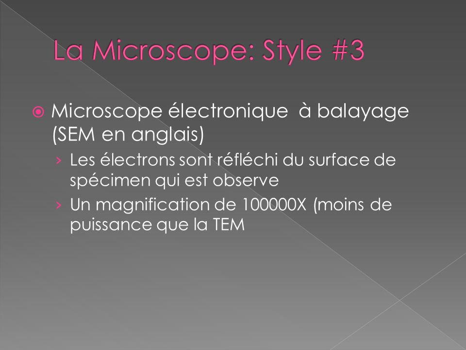 La Microscope: Style #3 Microscope électronique à balayage (SEM en anglais) Les électrons sont réfléchi du surface de spécimen qui est observe.