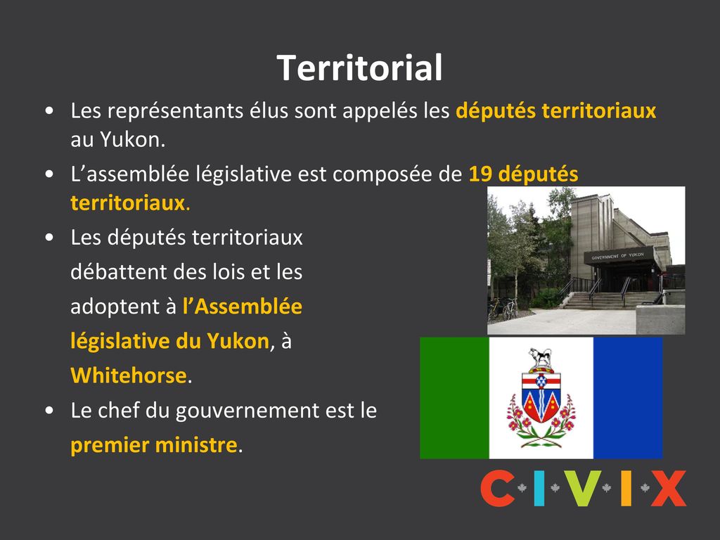 Territorial Les représentants élus sont appelés les députés territoriaux au Yukon. L’assemblée législative est composée de 19 députés territoriaux.
