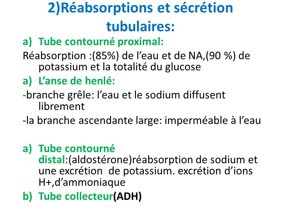 2)Réabsorptions et sécrétion tubulaires:
