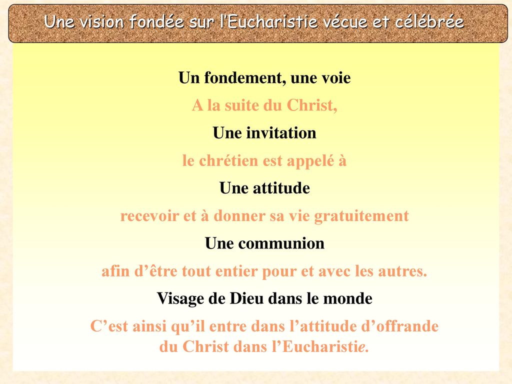 Une vision fondée sur l’Eucharistie vécue et célébrée