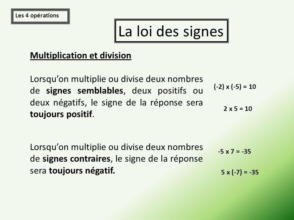 La loi des signes Multiplication et division