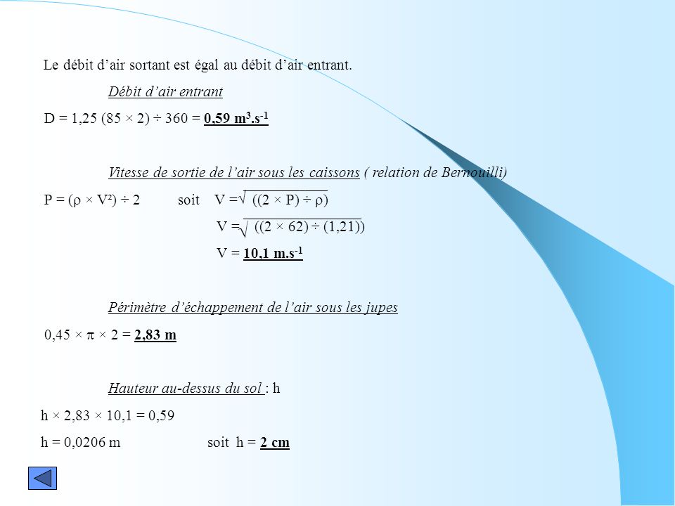  Débit d’air entrant D = 1,25 (85 × 2) ÷ 360 = 0,59 m3.s-1