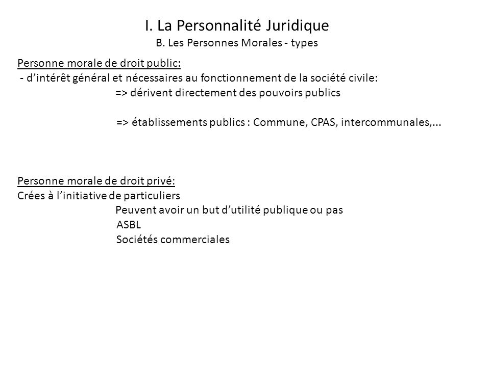 I. La Personnalité Juridique B. Les Personnes Morales - types