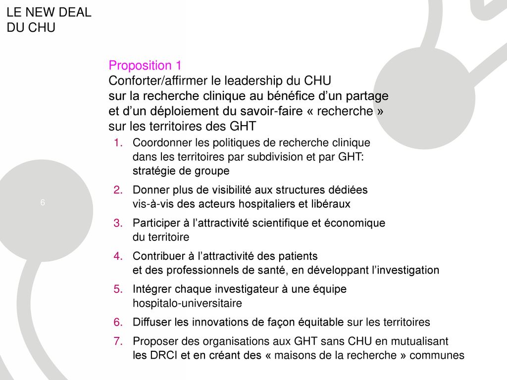 Proposition 1 Conforter/affirmer le leadership du CHU sur la recherche clinique au bénéfice d’un partage et d’un déploiement du savoir-faire « recherche » sur les territoires des GHT