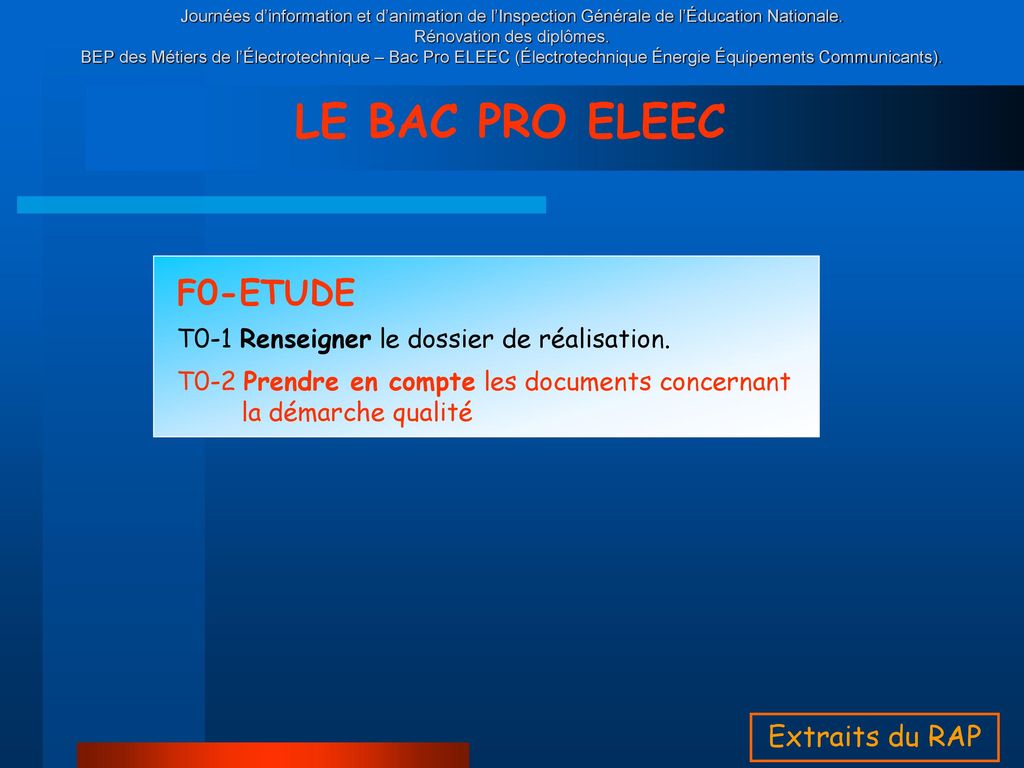 LE BAC PRO ELEEC F0-ETUDE Extraits du RAP