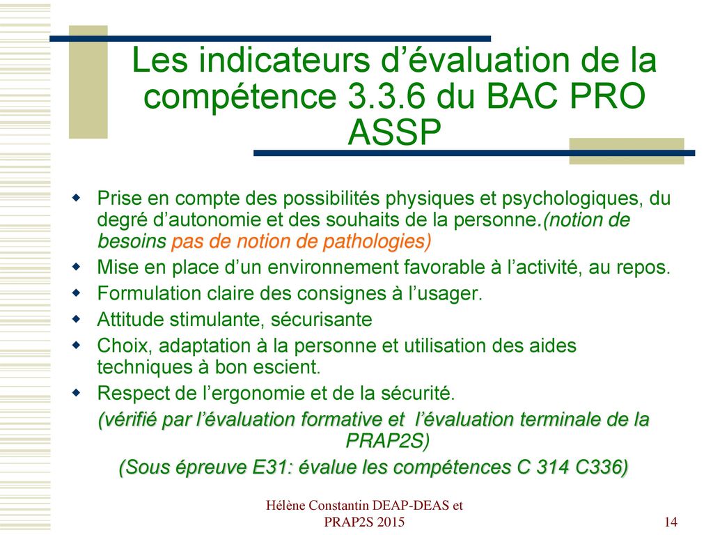 Les indicateurs d’évaluation de la compétence du BAC PRO ASSP