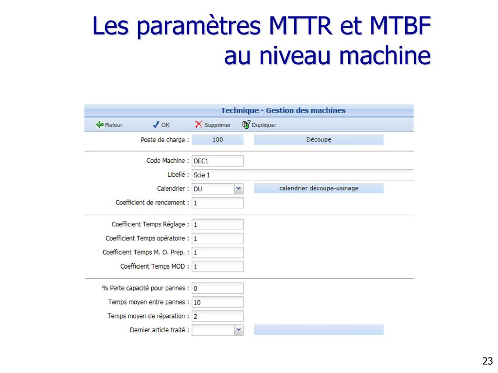 Les paramètres MTTR et MTBF au niveau machine