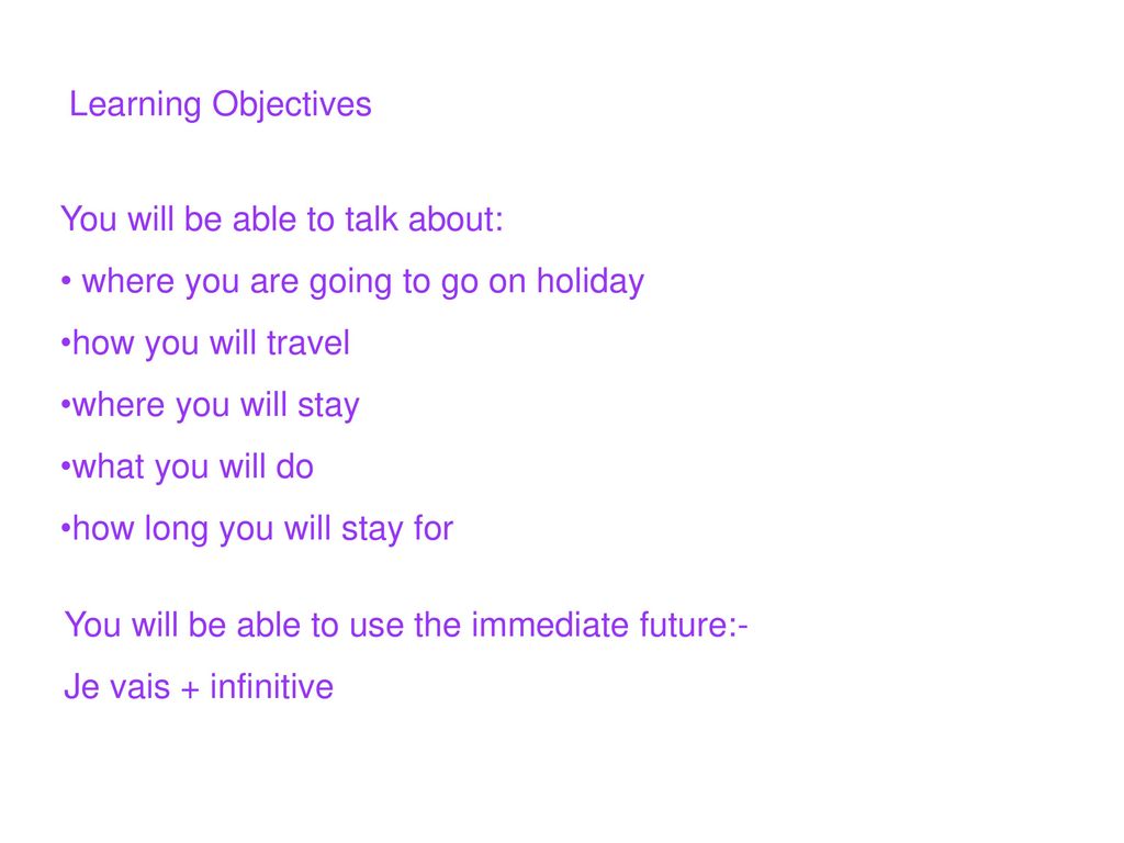 Learning Objectives You will be able to talk about: where you are going to go on holiday. how you will travel.