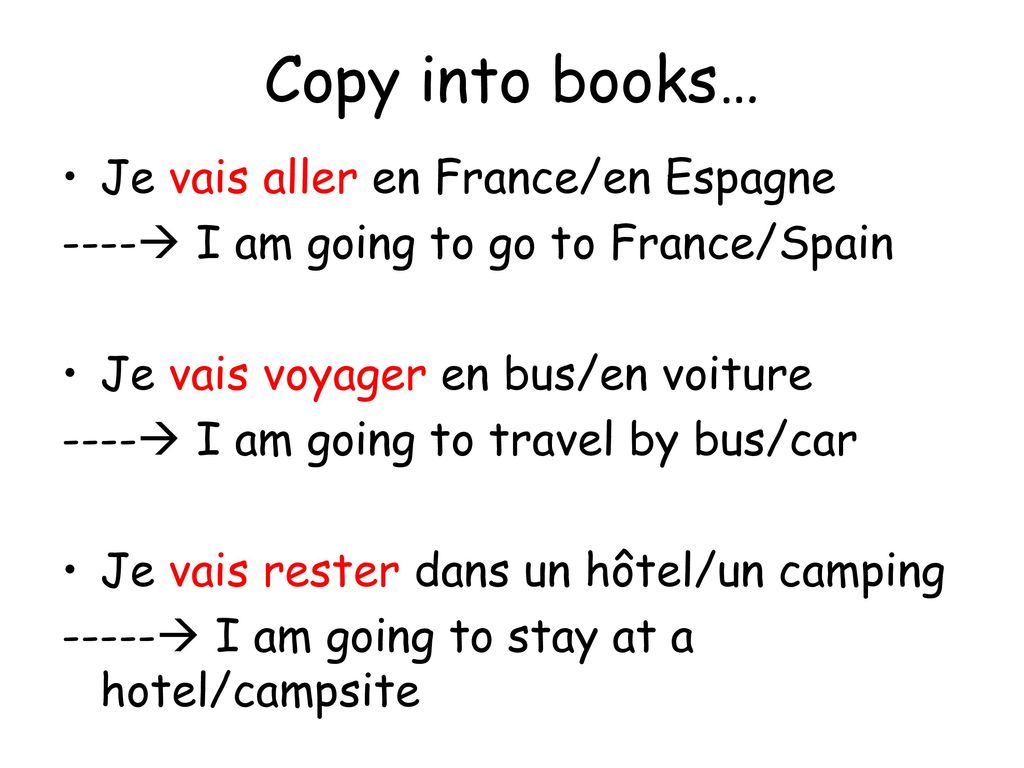 Copy into books… Je vais aller en France/en Espagne