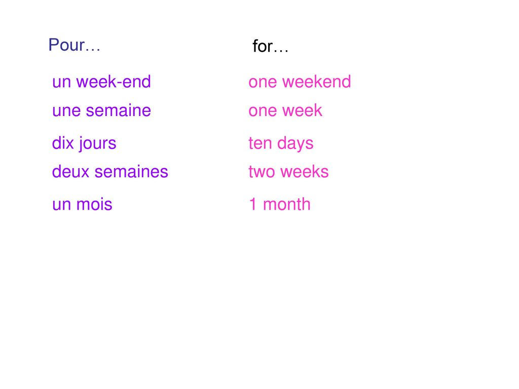 Pour… for… un week-end. one weekend. une semaine. one week. dix jours. ten days. deux semaines.