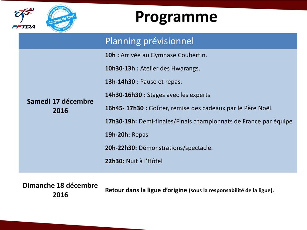 Programme Planning prévisionnel Samedi 17 décembre 2016