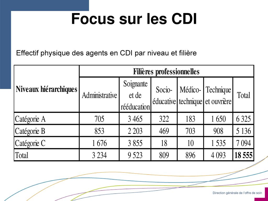 Focus sur les CDI Effectif physique des agents en CDI par niveau et filière