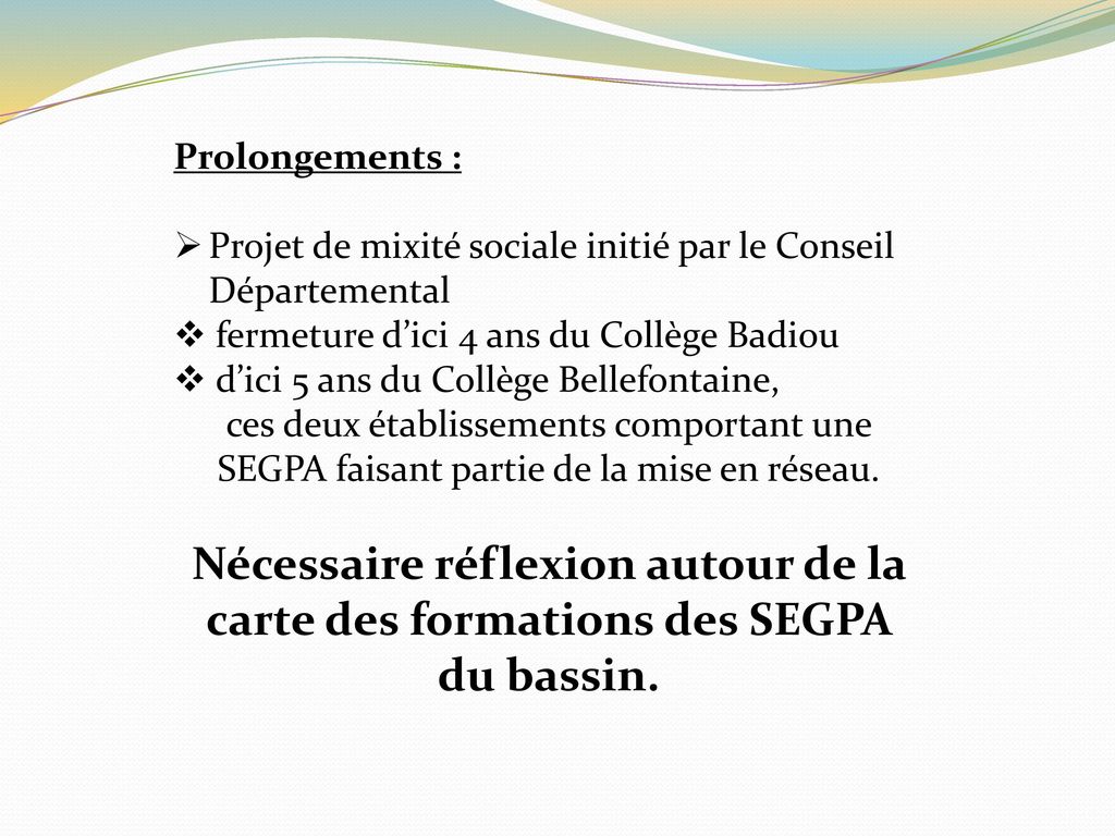 Prolongements : Projet de mixité sociale initié par le Conseil Départemental. fermeture d’ici 4 ans du Collège Badiou.