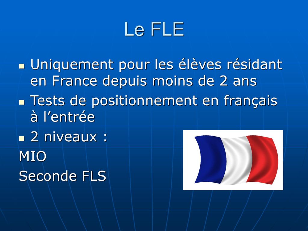 Le FLE Uniquement pour les élèves résidant en France depuis moins de 2 ans. Tests de positionnement en français à l’entrée.
