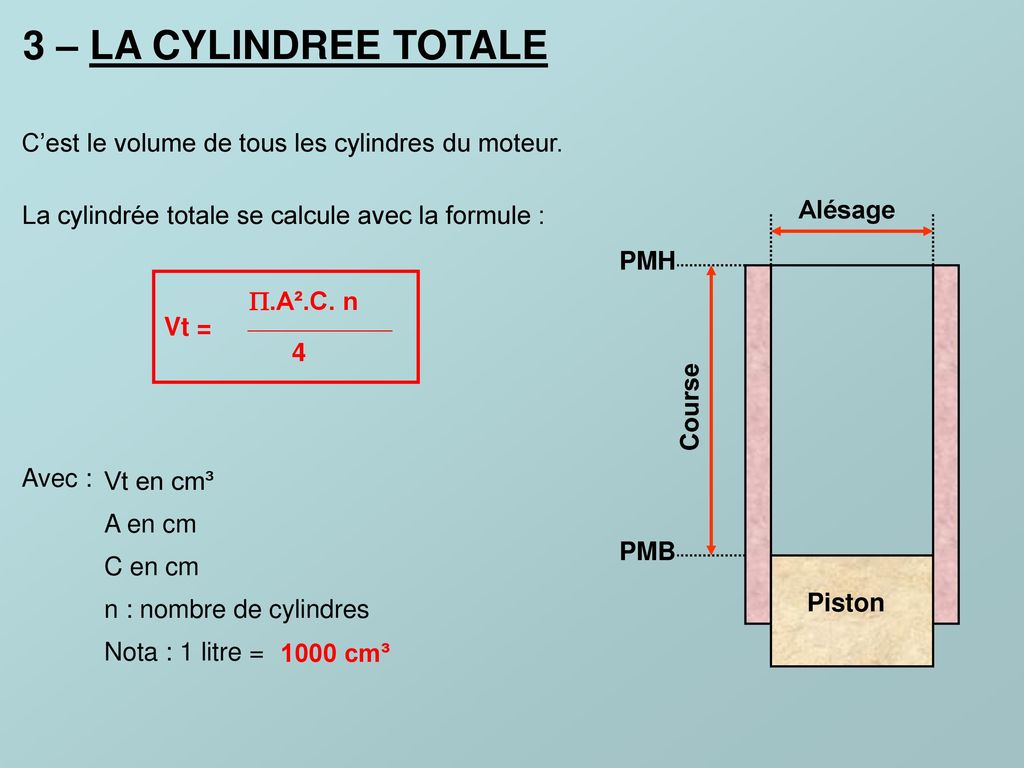 3 – LA CYLINDREE TOTALE C’est le volume de tous les cylindres du moteur. La cylindrée totale se calcule avec la formule :