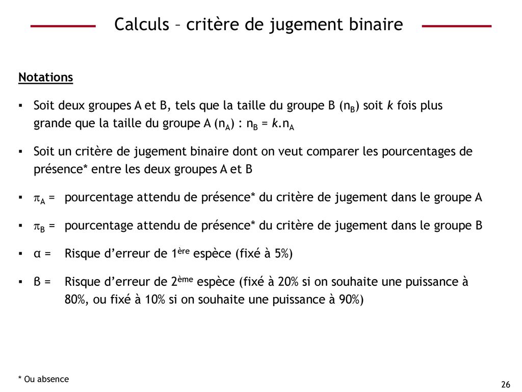 Calculs – critère de jugement binaire