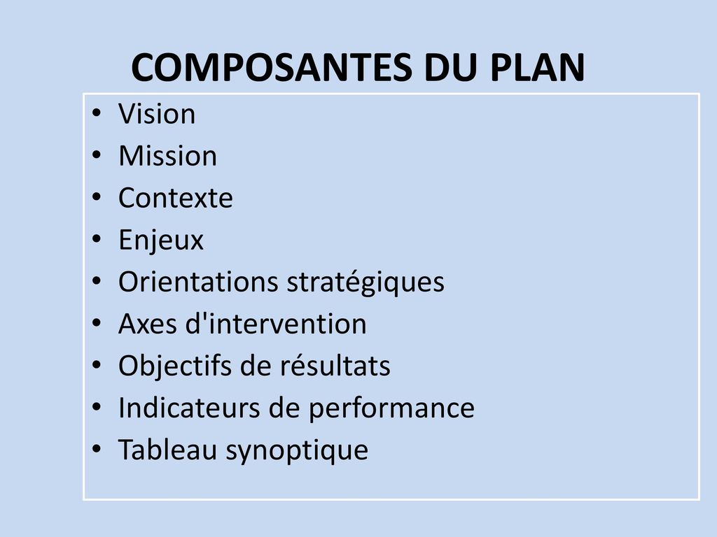 COMPOSANTES DU PLAN Vision Mission Contexte Enjeux