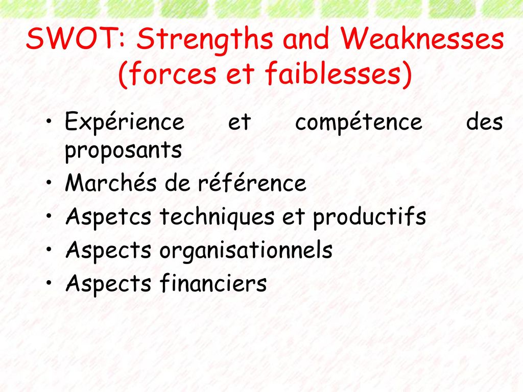 SWOT: Strengths and Weaknesses (forces et faiblesses)