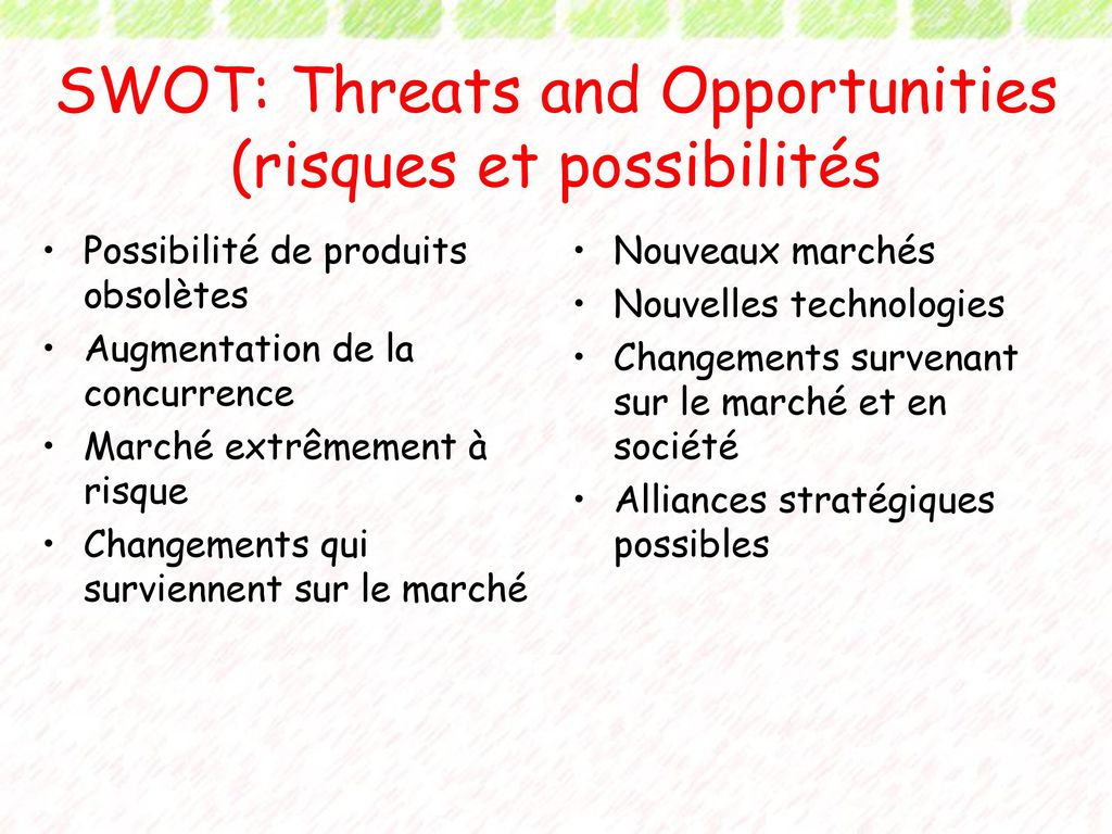 SWOT: Threats and Opportunities (risques et possibilités