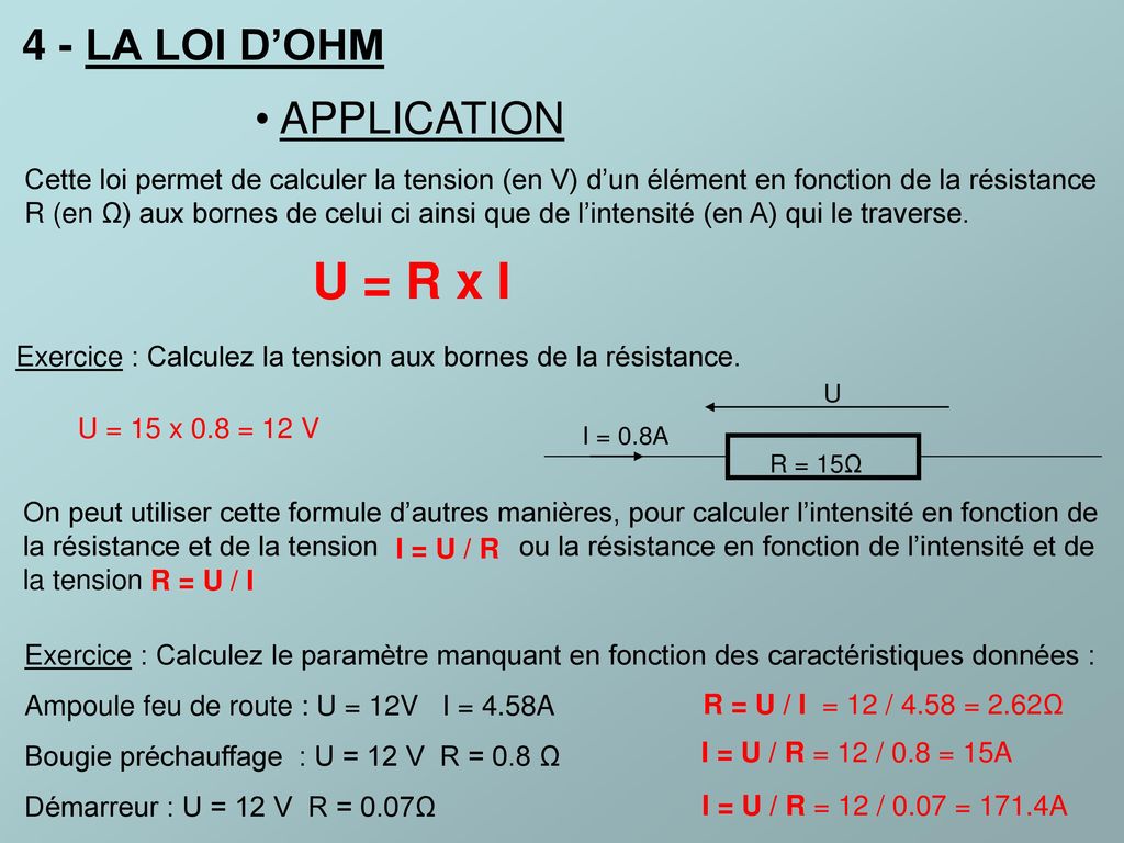 U = R x I 4 - LA LOI D’OHM APPLICATION