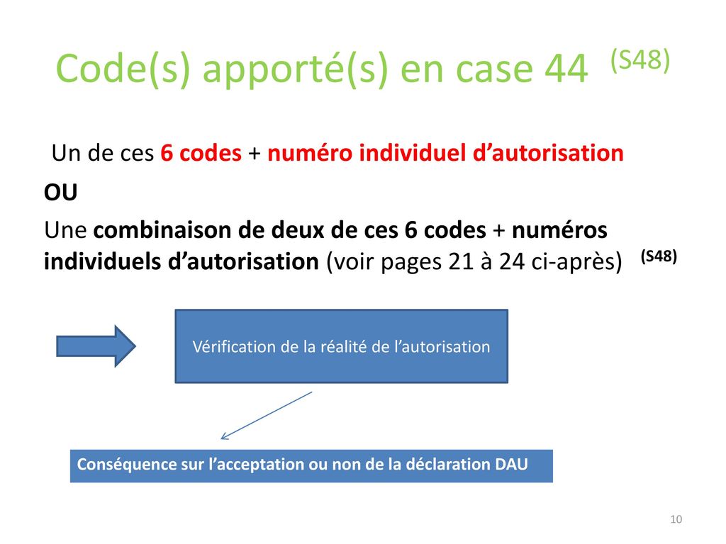 Code(s) apporté(s) en case 44 (S48)