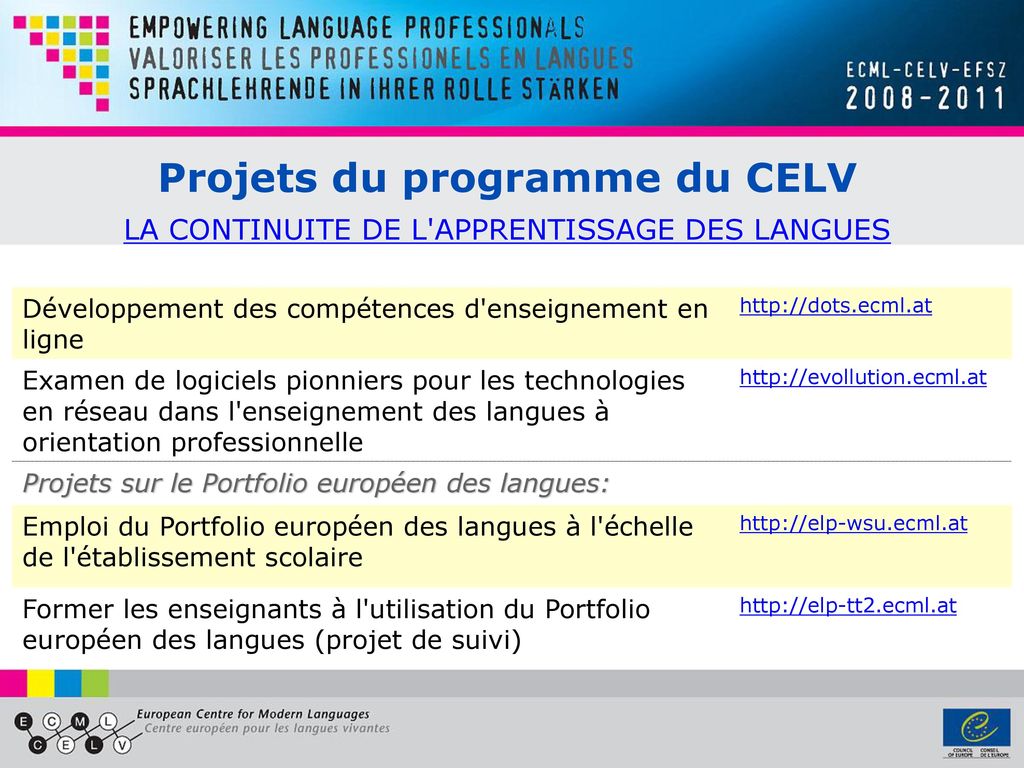 Projets du programme du CELV LA CONTINUITE DE L APPRENTISSAGE DES LANGUES