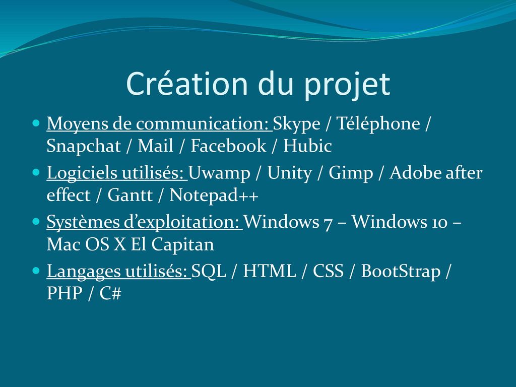 Création du projet Moyens de communication: Skype / Téléphone / Snapchat / Mail / Facebook / Hubic.