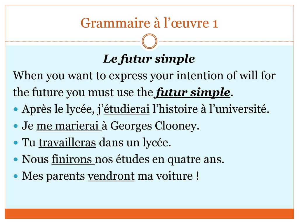 Grammaire à l’œuvre 1 Le futur simple