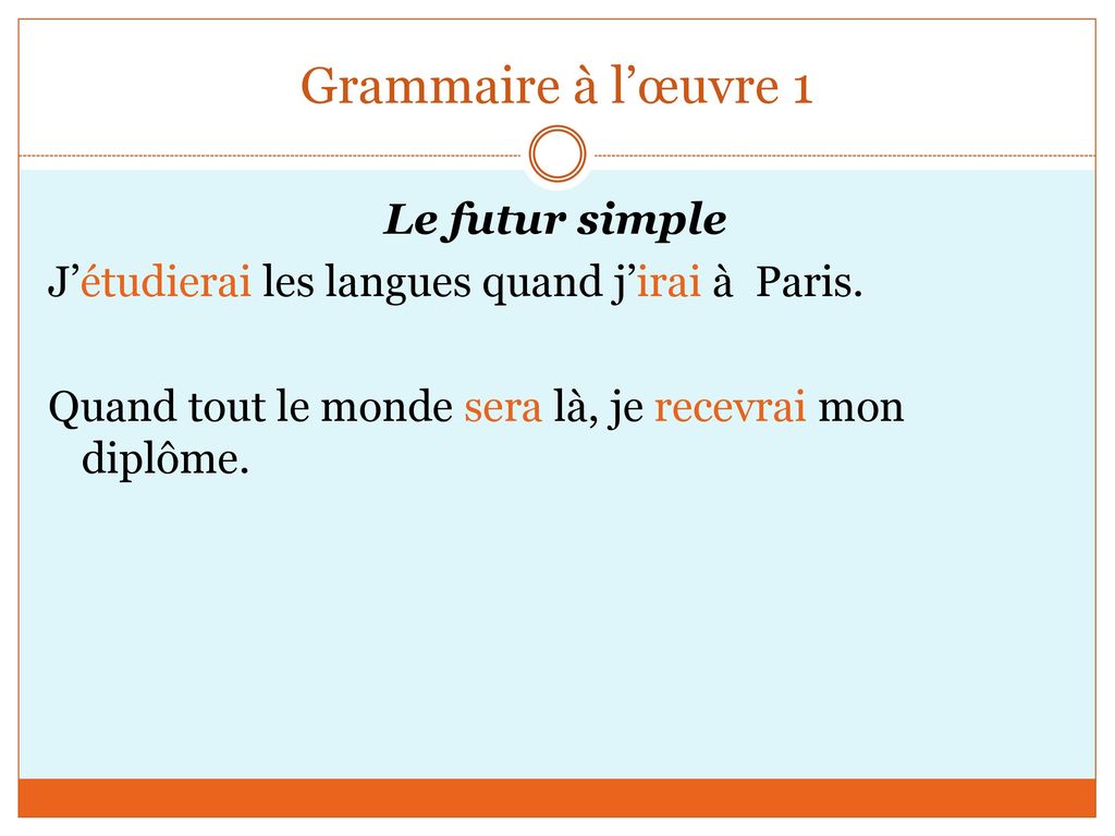Grammaire à l’œuvre 1 Le futur simple J’étudierai les langues quand j’irai à Paris. Quand tout le monde sera là, je recevrai mon diplôme.