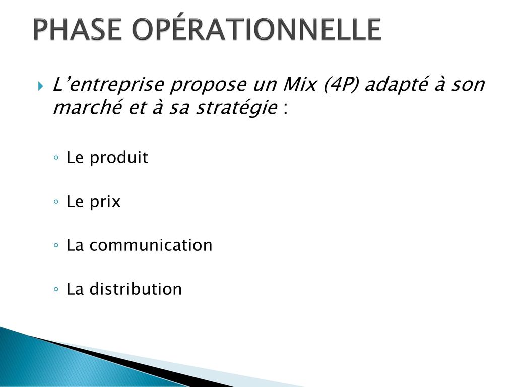 PHASE OPÉRATIONNELLE L’entreprise propose un Mix (4P) adapté à son marché et à sa stratégie : Le produit.