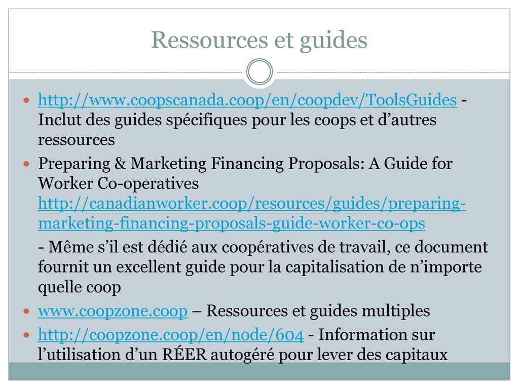 Ressources et guides   - Inclut des guides spécifiques pour les coops et d’autres ressources.