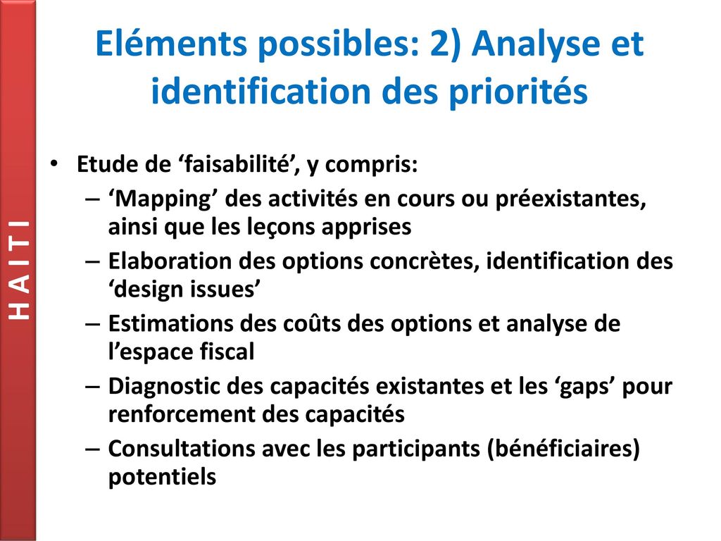 Eléments possibles: 2) Analyse et identification des priorités