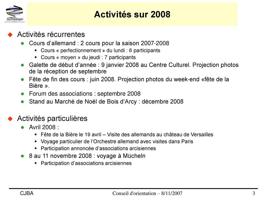 Activités sur 2008 Activités récurrentes Activités particulières