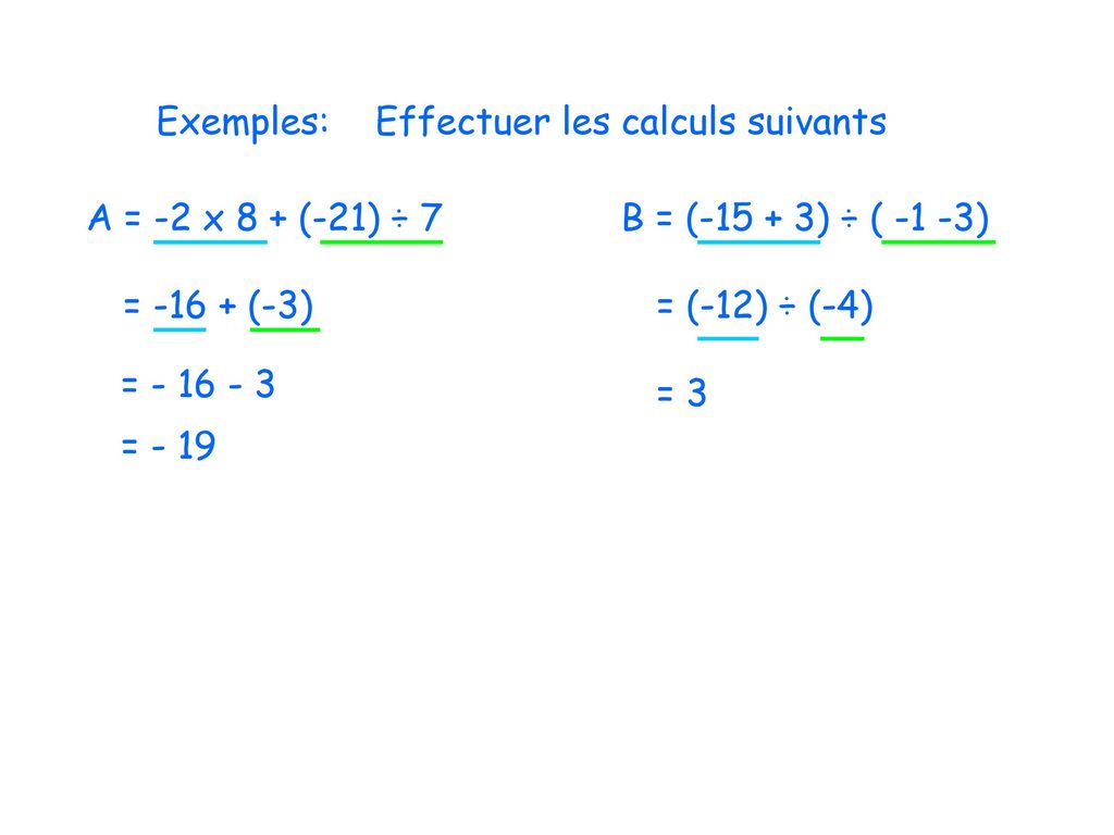 Exemples: Effectuer les calculs suivants. A = -2 x 8 + (-21) ÷ 7. B = ( ) ÷ ( -1 -3) = (-3)