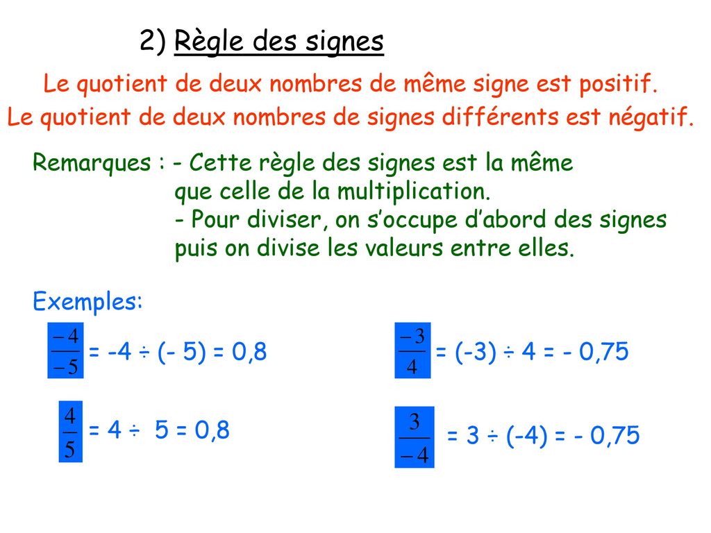 2) Règle des signes Le quotient de deux nombres de même signe est positif. Le quotient de deux nombres de signes différents est négatif.