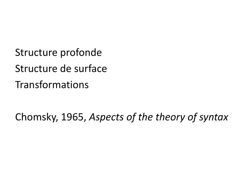 Structure profonde Structure de surface Transformations Chomsky, 1965, Aspects of the theory of syntax