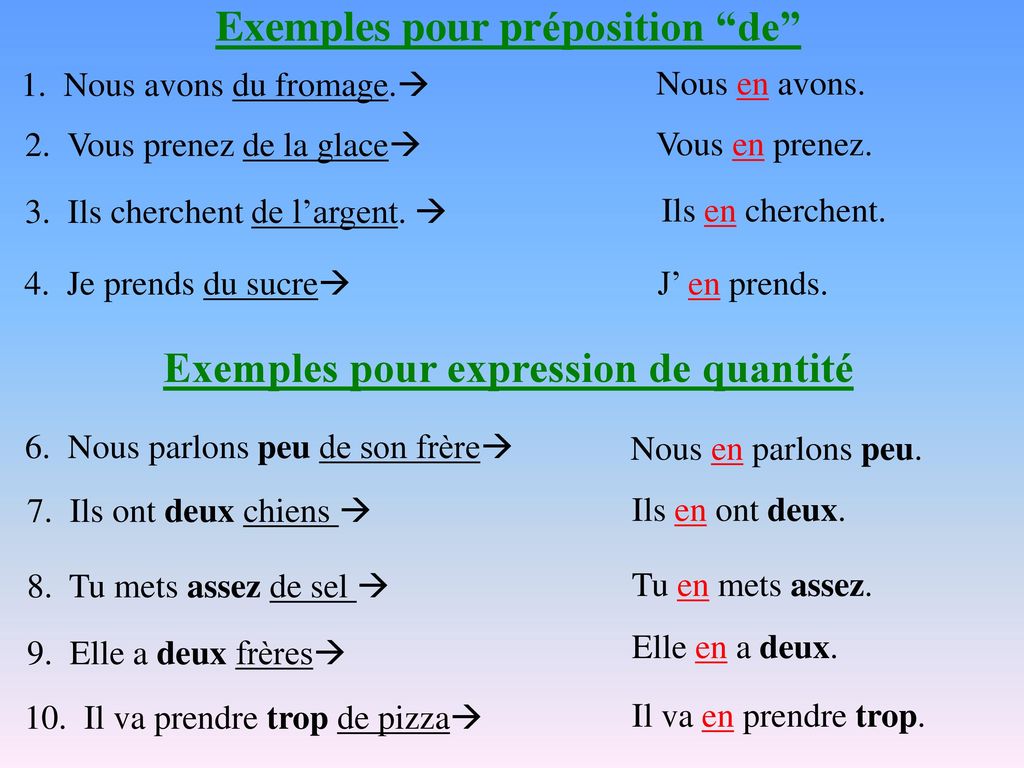 Exemples pour préposition de Exemples pour expression de quantité